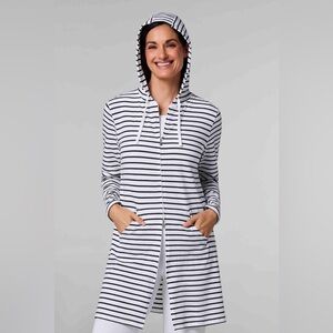 Coolibar Navy & White Striped Hooded Swim Cover-Up with UPF 50+ Protection